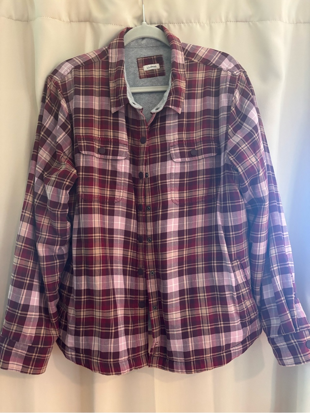 L.L.Bean women’s burgundy, lilac and grey Plaid Fleece-Lined Shirt Jacket